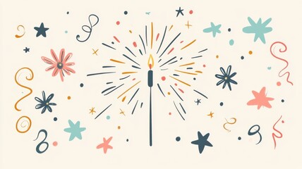 Whimsical New Year's Eve with doodle-style sparkler, festive shapes, and playful stars for a charming celebration. Christmas, New Year's Eve