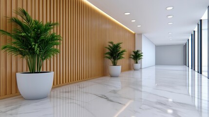 Fototapeta premium Elegant minimalist lobby design featuring wooden slats, soft lighting, and marble flooring in a modern office building