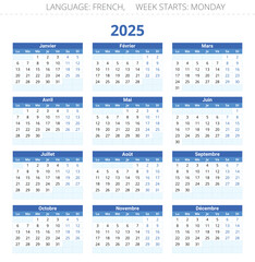 2025 french calendar - calendrier. Editable vector illustration in blue colors for France