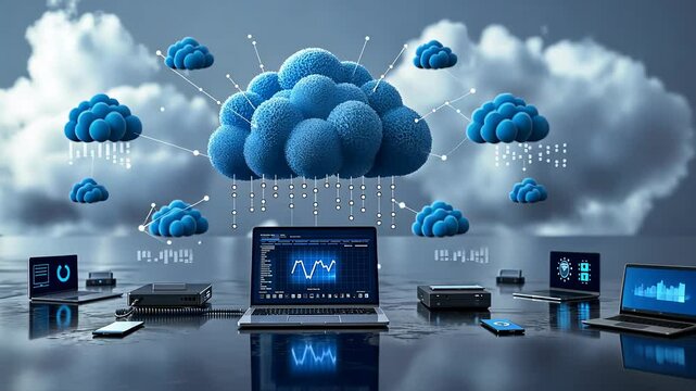 Cloud connection video: linking computer systems to cloud storage, showcasing server integration, online access, interconnected devices like tablets, phones, home appliances in a modern data center.