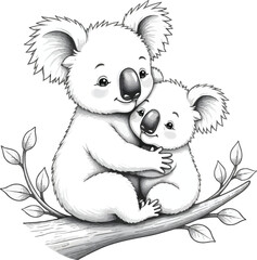 Adorable Cute Koala With Baby Sitting On A Tree Branch Cartoon Animal Design Fat Vector Illustration Isolated On White Background