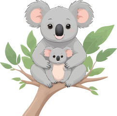Adorable Cute Koala With Baby Sitting On A Tree Branch Cartoon Animal Design Fat Vector Illustration Isolated On White Background