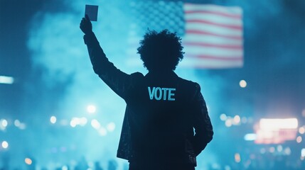 Supporters gather to promote voting participation during the elections amid a vibrant atmosphere, flag of USA at background