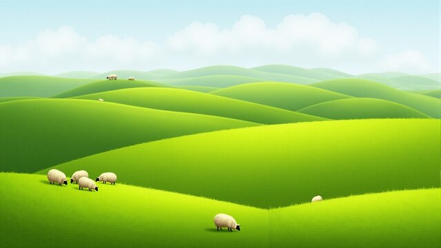 Peaceful countryside with rolling green hills and grazing sheep