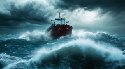 Large red ship is in the middle of a rough sea