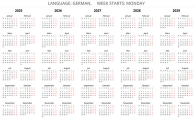 2025, 2026, 2027, 2028, 2029 year vertical german calendars. Printable vector illustration sets for Germany