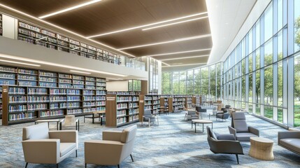 Spacious modern public library with rows of bookshelves and natural light, creating an inviting reading environment