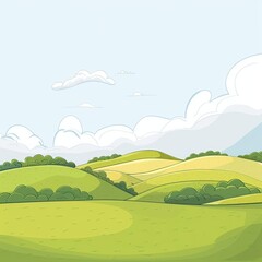 A cute cartoon Style ofA picturesque landscape with rolling hills and a clear blue sky