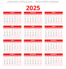 PORTUGUESE vertical calendar for 2025 year. Printable vector illustration red colors for Portugal