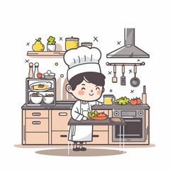 A cute cartoon Style ofA stylish kitchen with a chef preparing a gourmet meal