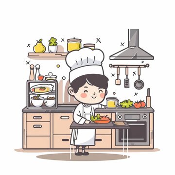 A cute cartoon Style ofA stylish kitchen with a chef preparing a gourmet meal