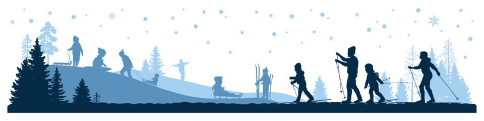 Merry Christmas. Winter panorama. Family silhouettes, children playing winter games outdoor. Vector illustration.	
