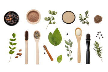 Herbs and spices arranged on a white background, showcasing natural ingredients in wooden spoons and bowls.