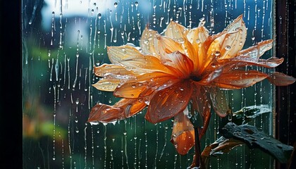 Rainy Day: Portray a rainy day where droplets slide down the window, enhancing the glass flower&rsquo;s charm.

