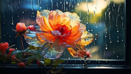 Rainy Day: Portray a rainy day where droplets slide down the window, enhancing the glass flower&rsquo;s charm.

