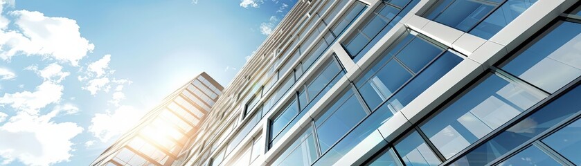 Capture a dramatic low-angle view of a sleek, modern office building in photorealistic detail to convey professionalism and success