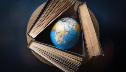 International Day of Education concept. World earth globe on book pages in round shape.