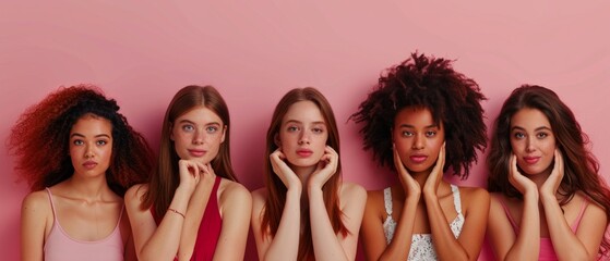 Fototapeta premium Five women of diverse ethnicities pose in a photo shoot, serious expressions, pink background. Varied hair, skin, features, casual attire.