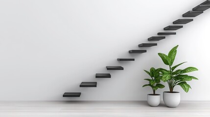Elegant gray staircase with modern black handrail complemented by greenery in a stylish entrance hall designed for contemporary spaces