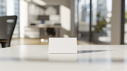 Minimalistic workspace with empty nameplate on a desk, bright office interior, and natural light through large windows.