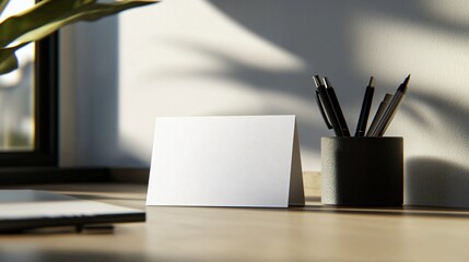Minimalistic desk setup with blank card, pen holder, and sunlight. Perfect for presentations or business concepts.