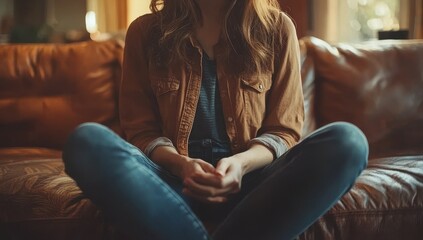 Obraz premium Woman sitting on a couch, relaxed and contemplative. Concept of comfort, peace, and tranquility.