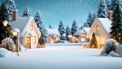 Snowy winter village with decorated houses and festive lights.