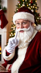Santa Claus against the background of a beautiful Christmas tree gesturing shh with a finger to his lips. Merry Christmas and happy new year concept. Shh be quite please