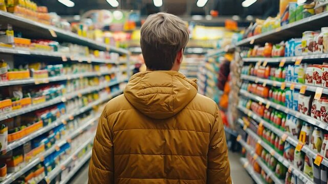 This person shops for groceries, surrounded by a variety of food items in a store.