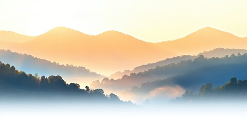 Obraz premium Misty Mountain Sunrise Landscape With Golden Light And Fog Over Forest