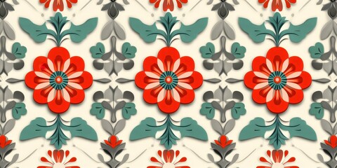 Seamless Floral Pattern   Red  White  Green   Grey Kaleidoscope Design