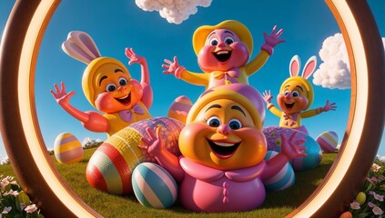 Fototapeta premium Easter greeting card. group of animated bunny characters in pastel colors in a meadow