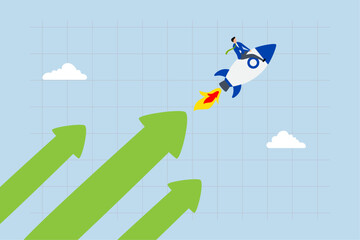 Financial growth, businessman soaring on rocket booster alongside growth arrow.