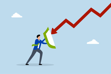Fight with inflation or economic recession, Businessman holding a shield to defend himself from a red arrow, as an investor. 