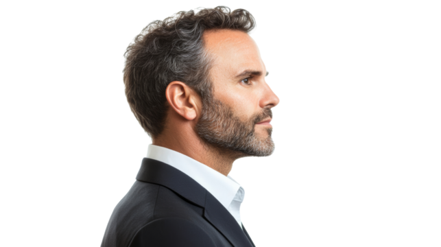 Profile view of a man with a beard in a suit, isolated on a white background.
