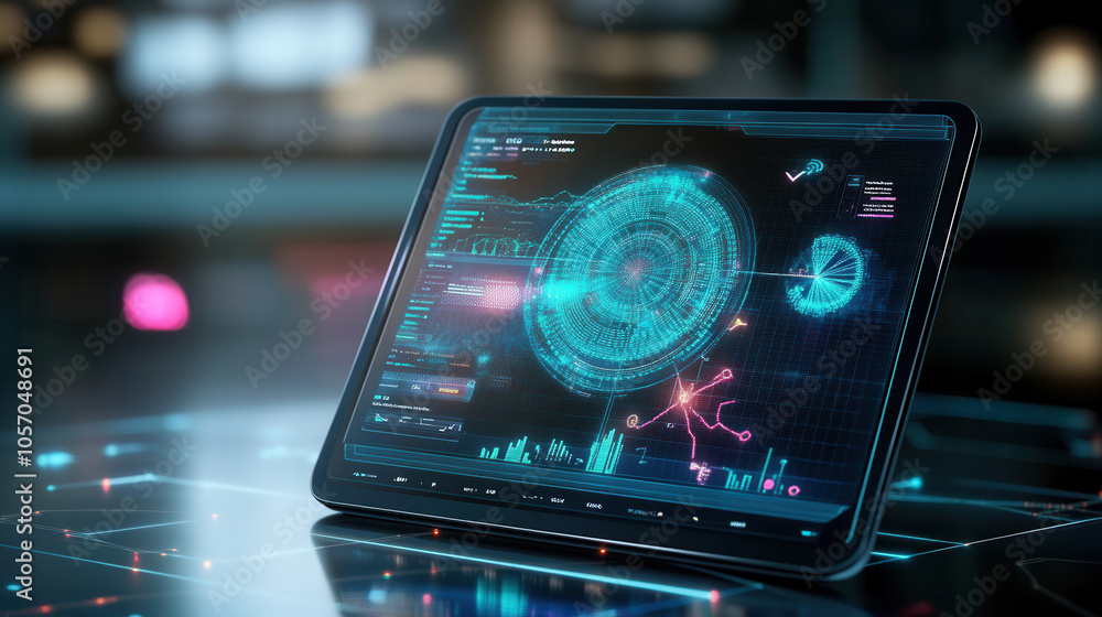 Poster colorful radar ui on tablet displaying data and analytics, showcasing technology and innovation in f