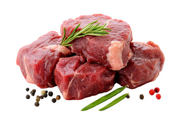 Raw beef cuts garnished with fresh herbs and spices, isolated on white background.