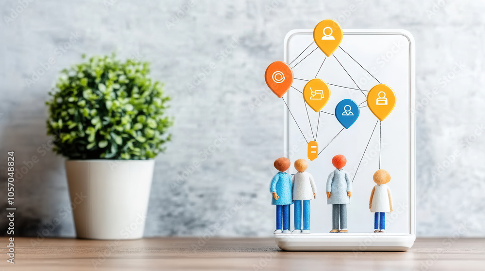 Poster digital healthcare concept with figures and mobile app interface