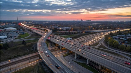 Dynamic Aerial View of Busy Highway Interchange at Twilight with Streaks of Vehicle Lights for Urban Life Photography
