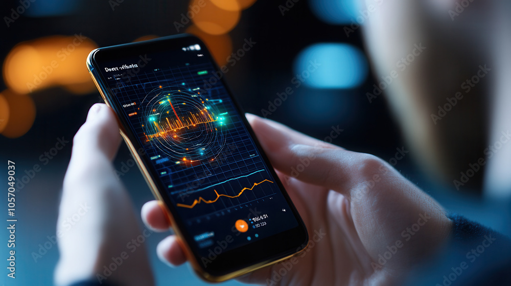 Poster detailed radar interface displayed on smartphone, showcasing vibrant data visualizations and analyti