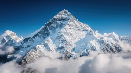 Naklejka premium Majestic snow-covered mountain peak rising above surrounding ridges and fluffy clouds under a clear blue sky