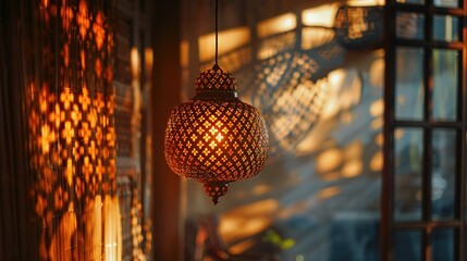 Capture the magic of storytelling through light by focusing on a close-up shot of a lampshade with intricate designs inspired by diverse cultures Showcase how the play of light creates a mesmerizing