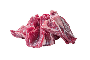 Obraz premium Raw meat cut pieces on a white isolated background, ideal for culinary illustrations and food preparation themes.