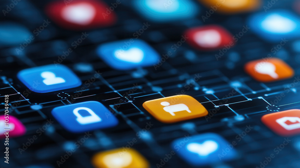 Poster close up view of colorful app icons on digital interface, showcasing various social media and commun