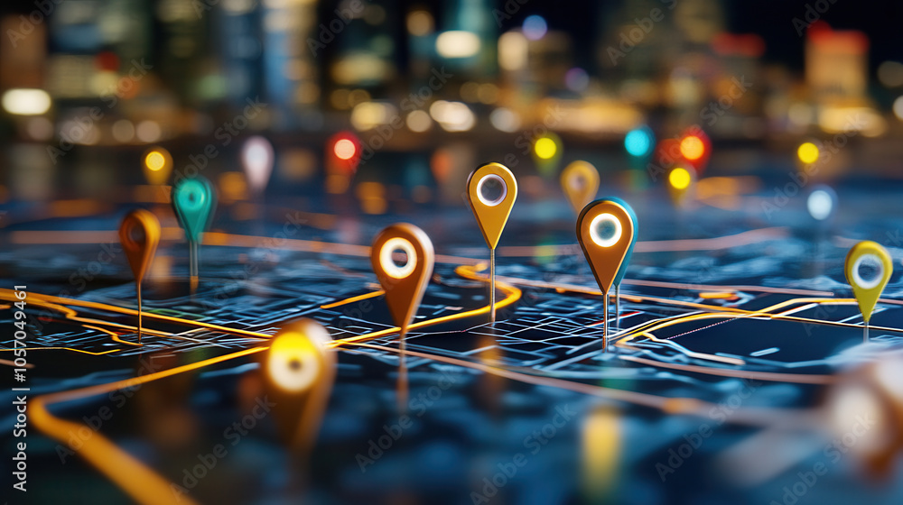 Poster modern map interface featuring colorful location pins and city skyline in background, showcasing adv