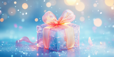 Fototapeta premium Luminous crystal gift box with glowing pastel ribbon