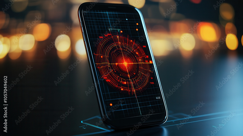 Poster modern smartphone displaying sonar radar interface with vibrant red graphics, set against blurred ba