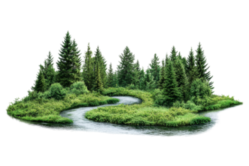 Scenic river winding through a lush green forest of pine trees and dense underbrush, isolated on a white background.