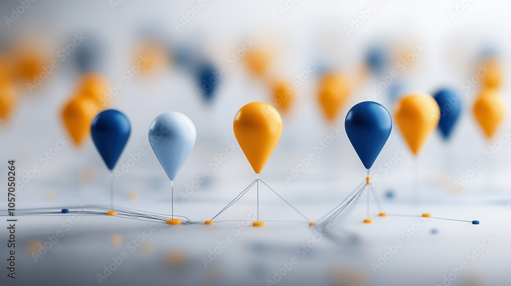 Poster colorful map interface featuring playful markers in blue, yellow, and white, creating dynamic visual