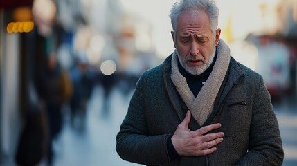 A concerned man clutches his chest while walking outdoors.